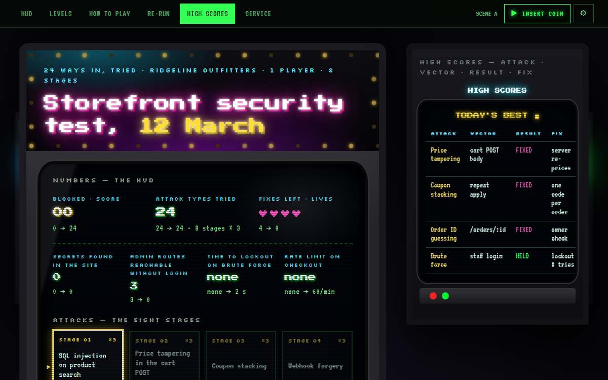 Screenshot of the Arcade cabinet page.