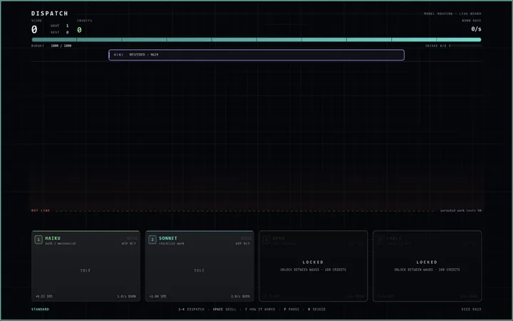 A routing board with a live work queue across the top and four worker cards below it, two active and two locked behind credit thresholds, each showing its speed and burn rate.
