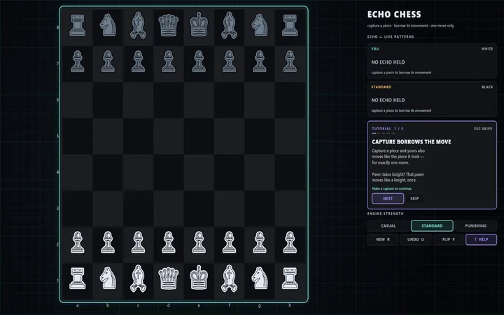A chessboard with a teal border, pieces still in their starting rows, and a side panel showing capture-pattern readouts and a card explaining that taking a piece lends you its movement.