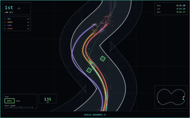 A car mid-drift on a night circuit, tail swung wide and light trails smeared along the racing line behind it.