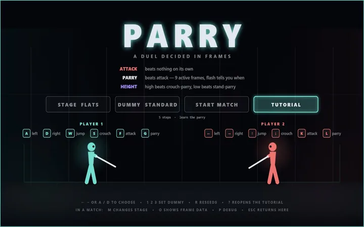 Two stick duellists face each other on a dark stage, one cyan and one red, blades extended, with the frame-advantage rules listed above them and both players' control maps below.