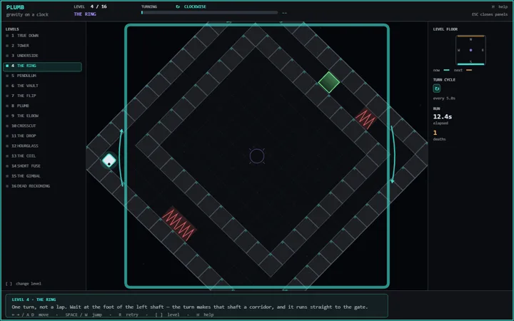 A level mid-turn: the whole square arena has rotated to a diamond as it swings clockwise, the player clinging to the left wall while two hazard zigzags and the level exit rotate along with the floor.