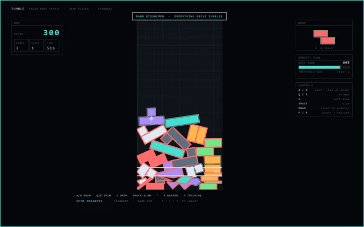 Angular blocks settled into an uneven pile against a dark background, leaning on one another where they landed rather than sitting on a grid.