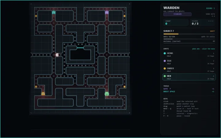 A dark floor plan with pale patrolling figures on fixed routes and a command overlay showing which of them is currently taking orders.
